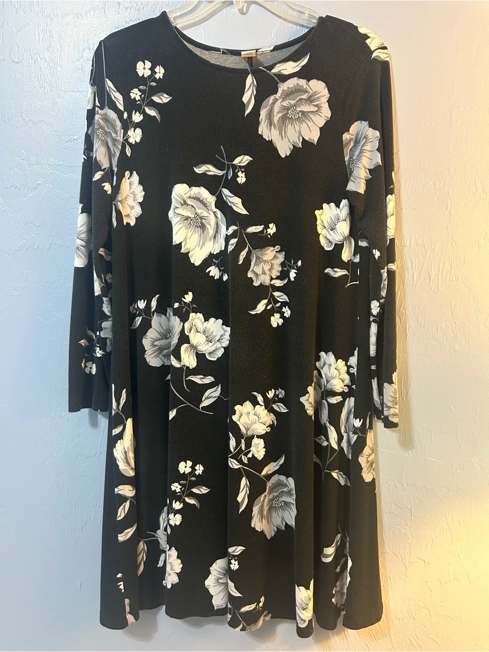 Black Floral Print Swing Dress - Size Medium